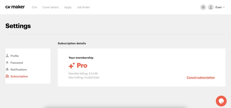 CVMaker - Отменете абонамента си чрез настройките на акаунта